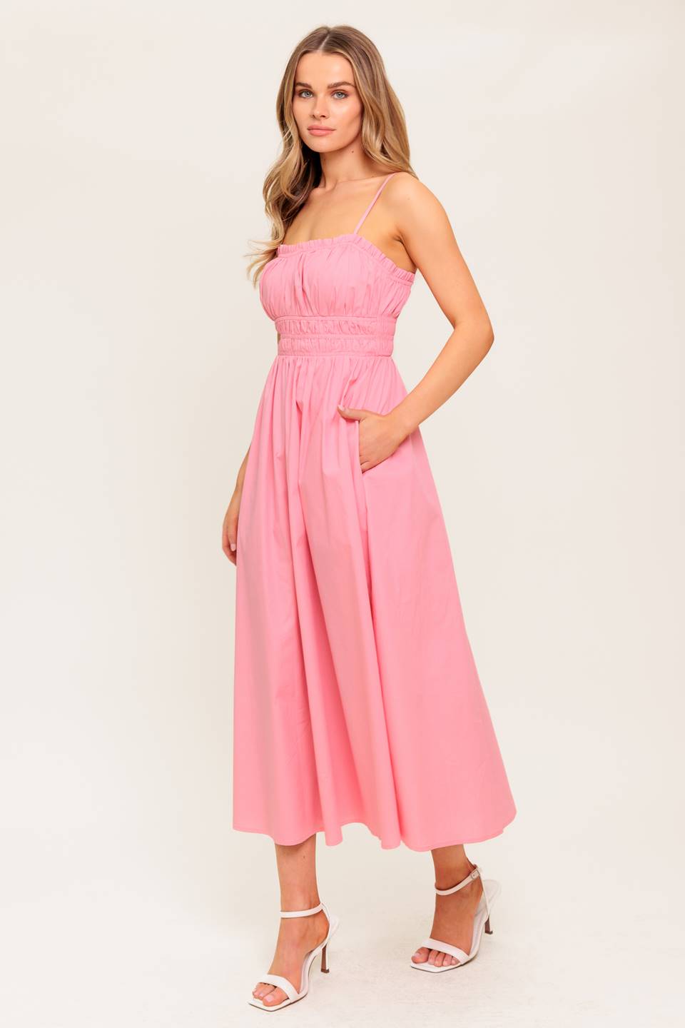 HONEY SUNSET PINK WOVEN MIDI DRESS Flying Tomato